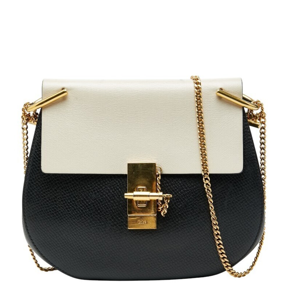 Chloe Drew Chain Shoulder Bag Black White Leather